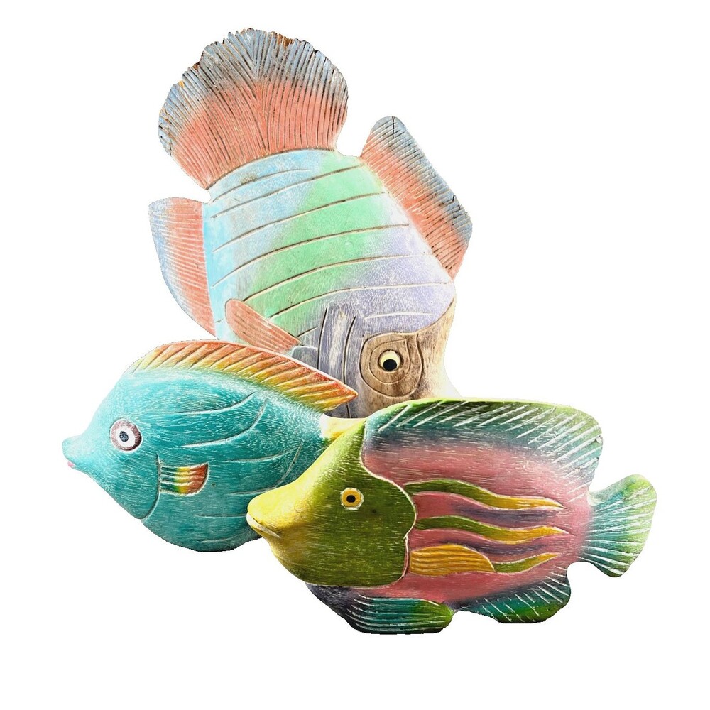 Vtg Pier 1 3pc Wooden Fish Folk Art Tropical Coastal Shelf Decor Pastel Rainbow